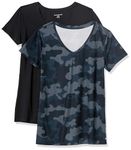 Amazon Essentials Women's Tech Stretch Short-Sleeved V-Neck T-Shirt (Available in Plus Sizes), Pack of 2, Black/Navy Camo, M