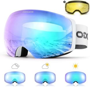 Odoland Magnetic Interchangeable Ski Goggles with 2 Lens, Large Spherical Frameless Snow Snowboard Goggles for Men Women, White Frame Blue Lens, photochromic lens