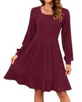 WNEEDU Womens Fall Dress 2024 Casual Long Sleeve Dress Square Neck Knit Babydoll Dresses, Wine Red M