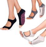 Tucketts Allegro Toeless Pilates Socks with Grips for Women, Non-Slip Open-Toe Grip Socks for Yoga, Barre, Dance, Reformer, Home - Moisture-Wicking, L/XL, Size 9.5+ - Black/Static/Grey Blush - 3 Pairs