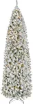 Yaheetech 9ft Pre-lit Snow Flocked Pencil Christmas Tree Kingswood Fir Hinged Slim Skinny Corner Xmas Tree Holiday Decoration with 350 Incandescent Warm White Lights & 1086 Snow Branch Tips, White