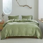 Simple&Opulence 100% Linen Duvet Cover Set 3pcs with Coconut Button Closure Natural French Washed Flax Solid Color Soft Breathable Farmhouse Bedding - Sage Green, Queen Size