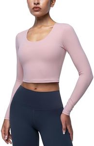 ENERBLOOM Womens Long Sleeve Shirts Workout Crop Tops Yoga Tee Built in Bra Mild Support Cream Feeling Athletic Top U-Neck Pink XX-Large