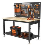 122x60 cm Heavy Duty Work Bench with Pegboard, 2000 LBS Load Capacity Rubberwood Work Table, LED Light, Built-in Power Strip, 10 Adjustable Heights, 2 in 1 Workbench for Workshop, Garage, Office, Home