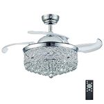 DuMaiWay 36" Chandelier Ceiling Fan, Fandelier, Modern Crystal Retractable Invisible Blade LED Lighting with Remote Control for Bedroom Dining Room Living Room 6 Speed 3 Light Change Silver
