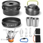 Odoland Camping Cookware Mess Kit with Stove, Lightweight Outdoor Pot Pan Kettle with 2 Cups, Fork Spoon Cookware Set Carabiner Backpacking Picnic Gear for Trekking and Hiking for 2 People