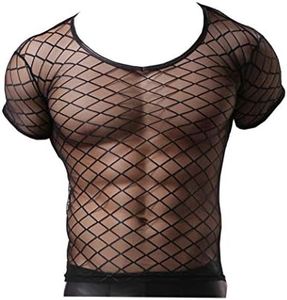 ONEFIT Men's Mesh See Through Muscle Fishnet Tank Top Underwear, Black, Large