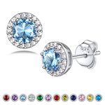 Bestyle 925 Sterling Silver Love Round Cubic Zirconia Earrings March Aquamarine Birthstone Stud Earrings for Women, Hypoallergenic Earrings for Sensitive Ears