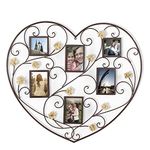 Adeco Decorative Black Iron Heart-Shape Picture Frame Collage with Scroll and Burlap Flower Design, 6 Openings, 4x6, 4x4