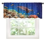 Sea Turtles Window Valances, Lonely Old Tropical Sea Turtle Swimming, 1 Panel W50 x L18 Inch Thermal Insulated Room Darkening Valance Curtain for Dinning Room, Navy Blue Tan and Brown