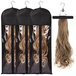 3PCS Extra Long Hair Extension Storage Bag Hairpieces Storage Holder with Wooden Hanger Dust-proof Portable Suit with Transparent Zip Up Closure- Lightweight, Waterproof and Portable (Black)