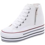 Womens Platform Shoes Hidden Wedge 4 Inches Height Increase, High Top Canvas Sneakers High Heel White Black Fashion Sneakers for Women and Girls, White, 5 UK