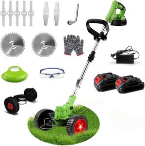 Cordless Electric Grass Strimmer 21V – 2 Batteries, Adjustable Blades, Telescopic Lightweight Garden Trimmer with Roller, Green