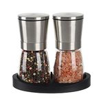 VEVOK CHEF Salt and Pepper Grinder Set Stainless Steel Adjustable Coarseness Ceramic Pepper Mill Salt Crusher with Silicone Tray Salt and Pepper Shaker Spice Grinder Kitchen