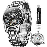 OLEVS Watches for Men Automatic Mechanical Luxury Silver Men's Wrist Watches Stainless Steel Waterproof Luminous Date Week Black Dial