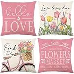 JUMUU Love Pink Tulips Bicycle Pillow Covers 18x18 Inch Set of 4, Pink Floral Flowers Decor Pillows Cushion Case for Sofa Couch (Pink Spring)