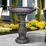 VerveArt 24.4" H Cement Bird Bath for Garden- Fibre Reinforced Concrete Bird Baths for Outdoors, Large Size Vintage Carved Pedestal Birdbath for Patio, Yard, Lawn -20”Dia. X 24.4”H Bird Fountain