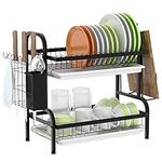 2 Tier Dish Drying Rack, Anti Rust Dish Drainer Rack with Drip Tray - Black Dish Rack Kitchen with Removable Cutlery Holder