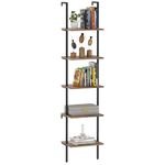 Wolawu Ladder Shelf 5 Tiers Metal Industrial Bookshelf,Rustic Brown Wood Tall Open Storage Rack and Display Shelves,Wall Mount Wide Book Case for Home Office Bedroom,Small