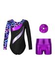 CHICTRY Kids Girls Long Sleeve Gymnastics Leotard Workout Bodysuit with Shorts 2 Pieces Set Tracksuit Tumbling Dance Outfits （with Scrunchies） Neon Starry 7-8 Years