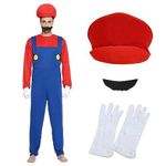 shengo Brother Costume, Halloween Fancy Dress Costume with Bodysuit, Super Brothers Bodysuit, Red Green Cap, Beard and Gloves, Men Carnival Halloween Cosplay Costume for Adult (Red, S)