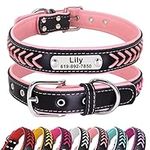 Didog Leather Custom Collar,Braided Leather Engraved Dog Collars with Personalized Nameplate for Small Medium Large Dogs,Pink,L Size