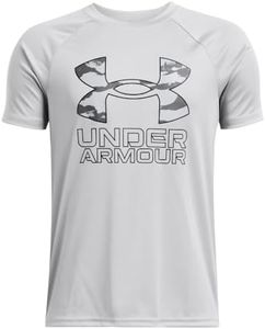 Under Armour Boys Tech Hybrid Print Short Sleeve T Shirt, (012) Mod Gray/Black/Black, Large