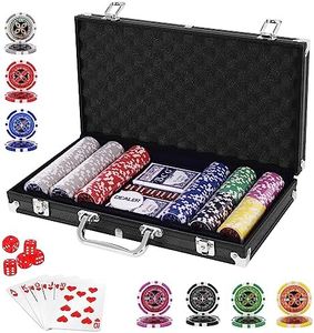 Costway 300 PCS Casino Poker Chip Set, Texas Holdem Poker Chips w/Lockable Aluminum Case, 2 Deck of Cards, 5 Dices, Dealer Button, Complete Poker Chip Set Dice Cards for Party& Picnic & Excursion