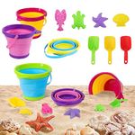 Zooawa Beach Toys Set for Kids, 10 PCS Sandbox Toys with Collapsible Sand Bucket, Shovels Seat and Beach Toys, Outdoor Play Travel Toys for Kids 3-10, Pool Party Supplies Sand Toys, Yellow+Purple+Blue