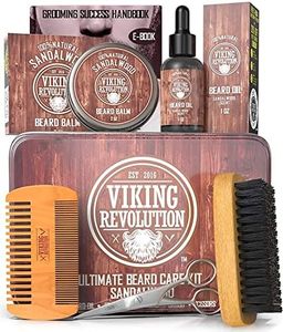 (Beard Care Kit - Sandalwood) - Beard Care Kit for Men- Sandalwood- Ultimate Beard Grooming Kit includes 100% Boar Beard Brush, Wood Beard Comb, Sandalwood Beard Balm, Sandalwood Beard Oil, Beard & Moustache Scissors- Metal Gift Box