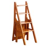 Solid Wood Folding Library Ladder Chair Step Ladders Step Chair Foldable 4-Step Stool Dual Purpose Stepladders 4-Step Climb Step Display Stand Flower Stand (Color : Brown, Size : 46x35x90CM)