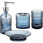 Whole HOUSEWARES | Premium Bathroom Accessory Set | 4-Piece Decorative Blue Glass Bathroom Decor Accessories Set | Soap Dispenser, Tray, Jar, Toothbrush Holder | Elegant Mosaic Glass (Blue)