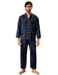 LilySilk Men's Silk Long Pajama Set 22 Momme Natural Soft Pure Silk Sleepwear XL, Navy Blue