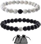 SwirlColor Distance Bracelets Black Matte Agate White Howlite Best Friends Relationship Couple Bracelets Distance Beads-2Pcs, 18-19 cm, Stone, Agate