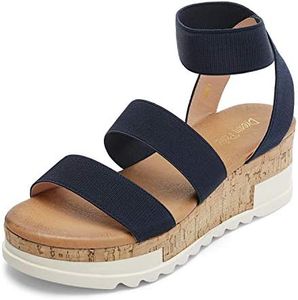 DREAM PAIRS Womens Open Toe Elastic Strap Casual Flatform Platform Sandal, Navy-1(10) Reed-1