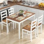 Tangkula Dining Table Set for 4, Solid Wood, Farmhouse Dinette Set w/Rubber Wood Legs, Modern Dining Table and Chairs Set for Kitchen, Dining Room (Brown+White)