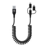 USB to USB-C Lightning Micro-USB Cable Combo 3 in 1 Coiled Cable Carplay & Android Auto Compatible [MFi & 3A Fast Charge & Data Sync] Coiled Lightning/USB C/Micro-USB Cable for iPhone 16 15 14 Android