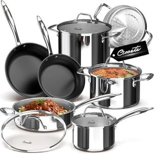 Ciwete 11-Piece Stainless Steel Pots and Pans Set Non Stick, Tri-Ply Stainless Steel Cookware Set, Induction Kitchen Cookware Sets with Steamer Insert & Stay-Cool Handles, Dishwasher, Oven Safe