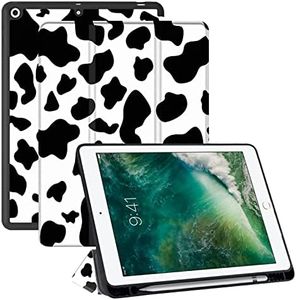 Deokke Compatible with iPad 10.2 inch Case,9th /8th /7th Generation Case(2021/2020/2019) with Pencil Holder and Soft TPU Back Case,Auto Sleep/Wake Cover-Black White Cow Pattern Western