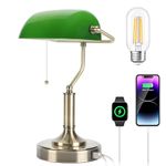 LINNMON Bankers Lamp, Green Desk Lamp with Pull Chain Switch, Retro Lamp with USB and Type C Charging Ports, Vintage Lamp for Home Office, Piano, Library, LED Bulb Included (Retro)