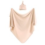 iEvolve Baby Swaddle Blanket with Hat Set Newborn Swaddle Wrap Swaddling Blanket Receiving Blankets for Baby Girls Boys 85 * 85cm(Beige)