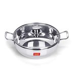 Sumeet stainless steel kadhai with glass lid 1.5 litres capacity 20.5 x 20.5 x 6.6 Centimeters 2 piece (Induction and Gas Stove Friendly)