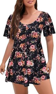 ECUPPER Womens One Piece Swimsuit with Sleeves Plus Size Swim Dress Modest Tummy Control Skirt Bathing Suit Built in Shorts Pink Flower