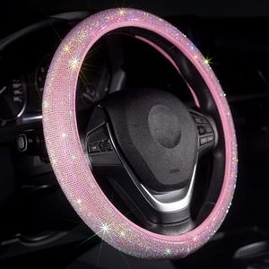 Carwales Car Bling Steering Wheel Cover for Women Girls Cute Pink 15 Inch Universal Colorful Crystal Rhinestone Diamond Rainbow Bling Accessories Anti-Slip Wheel Protector Pink