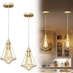 DWVO 2 Pack Farmhouse Pendant Lights, Vintage Industrial Hanging Lights Metal Line Hanging Ceiling Light with E26 Lamp Holder(Golden)