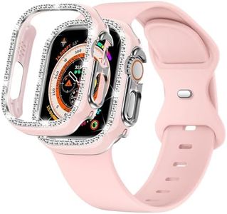 XYF Compatible for Pink Apple Watch Ultra 3 Bands 49mm Women with Bumper Case, Soft Silicone Strap Glitter Bling Face Cover for iWatch SE Ultra 3 2 Series 11 10 9 8 7 6 5 4 3 2 1 (Pinksand, 49)