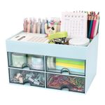 Meiikun Desk Organizer and Accessories, Plastic Stationery Storage Box with 4 Drawers, 3 Compartments & a Top Tray, Bathroom Organizers Makeup Brush Holder for Women, 21 cm x 14.2 cm x 12.2 cm (Blue)