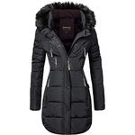 Spindle Womens Designer Long Fur Parka Hooded Jacket Quilted Winter Padded Coat Zip Pockets (L, Black Hooded)