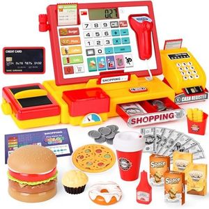 Cash Register for Kids with Scanner Realistic, Pretend Play Toy Cash Register with Fast Food/Fake Money/Credit Card/Calculator/Microphone Gift Ideas for Toddlers Girls Boys 3-5 4-8, Yellow