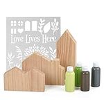 IMPRESA DIY Wood Table Top House Painting Kit w/Stencil for Flowers & More - DIY House Kit for Adults - Unfinished Wood Crafts w/Acrylic Paint - Paintable Figurines for Your Home Decor w/DIY Stencil